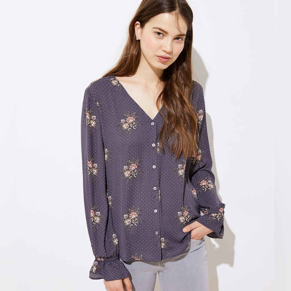 LOFT Dark Floral Button-Up Blouse